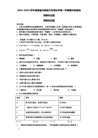 2023-2024学年湖南省沅陵县九年级化学第一学期期中质量检测模拟试题含解析.doc