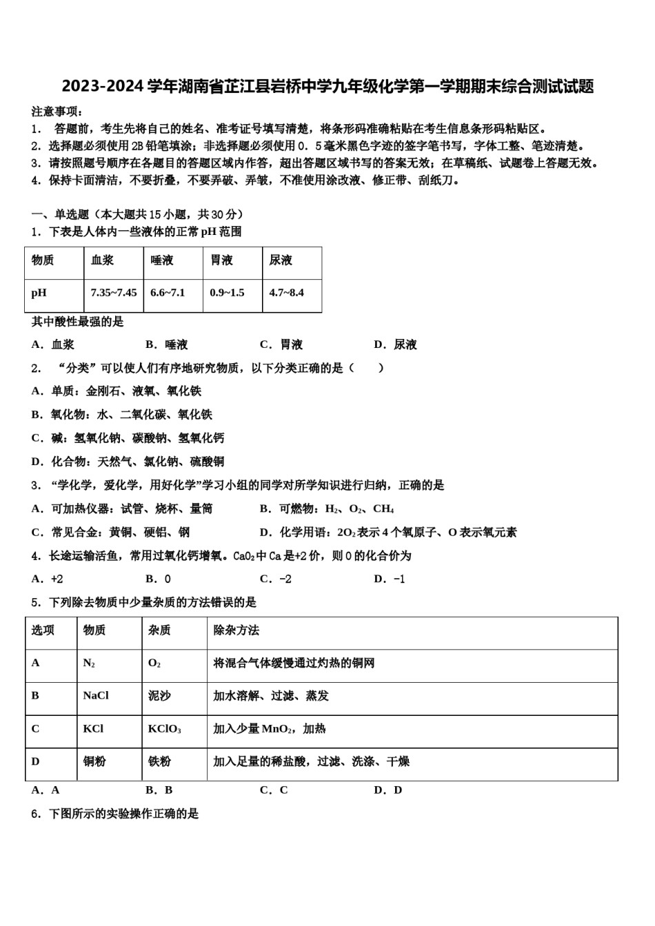 2023-2024学年湖南省芷江县岩桥中学九年级化学第一学期期末综合测试试题含解析.doc_第1页