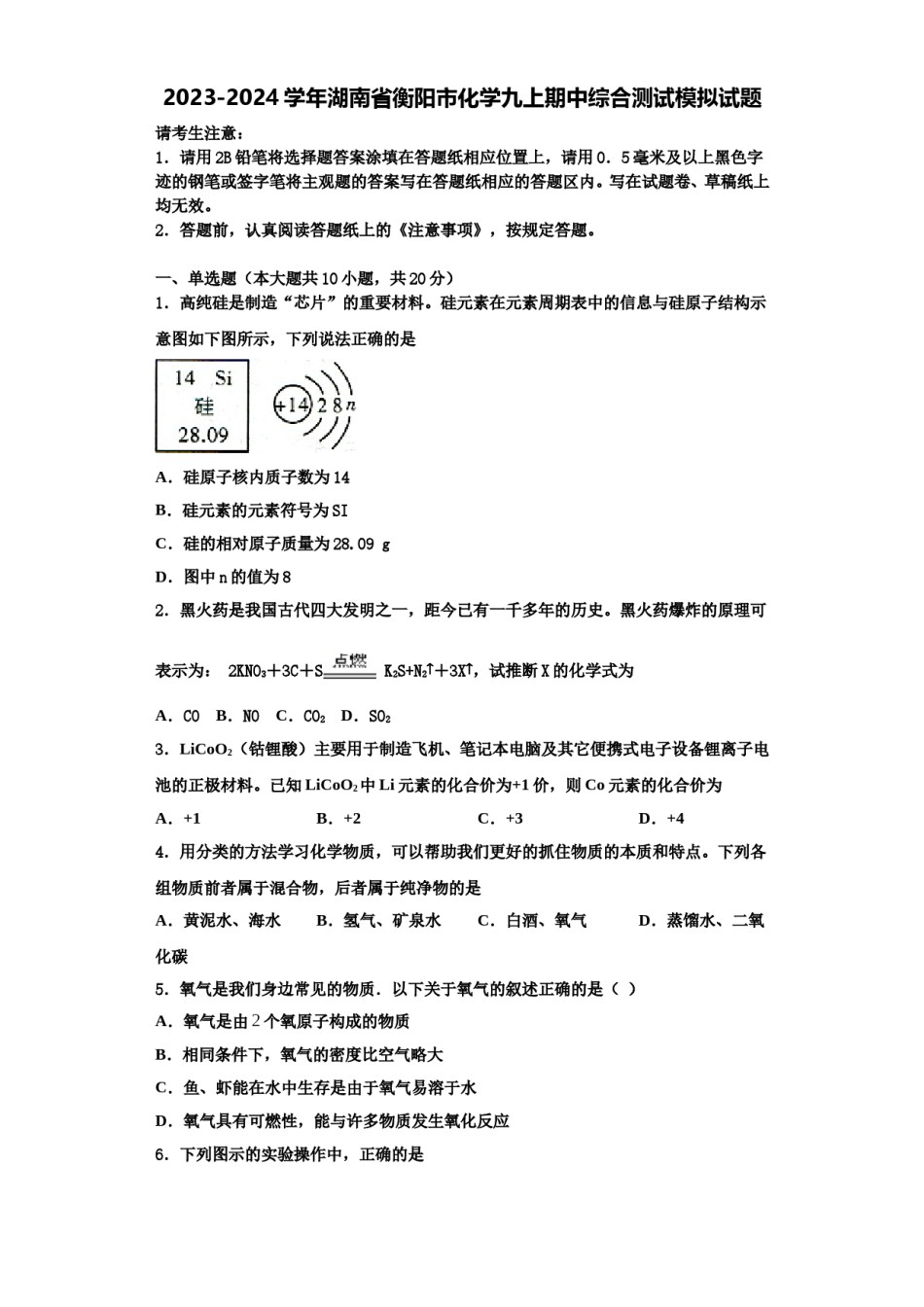 2023-2024学年湖南省衡阳市化学九上期中综合测试模拟试题含解析.doc_第1页