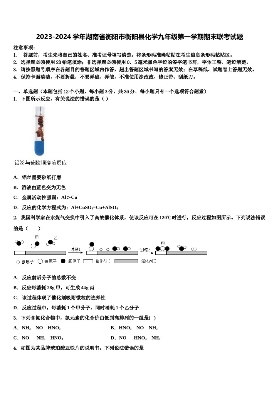 2023-2024学年湖南省衡阳市衡阳县化学九年级第一学期期末联考试题含解析.doc_第1页