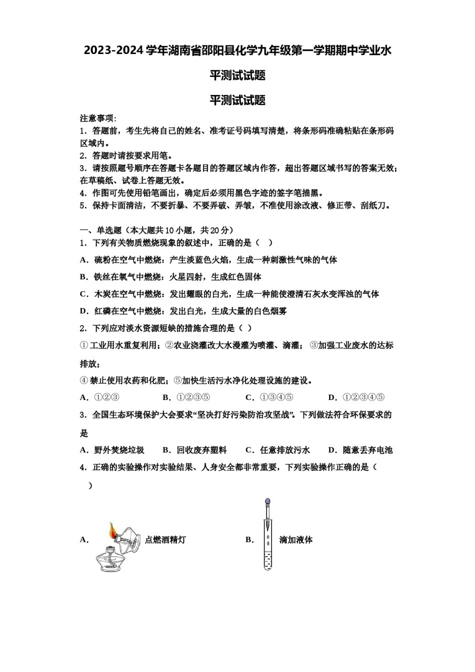 2023-2024学年湖南省邵阳县化学九年级第一学期期中学业水平测试试题含解析.doc_第1页
