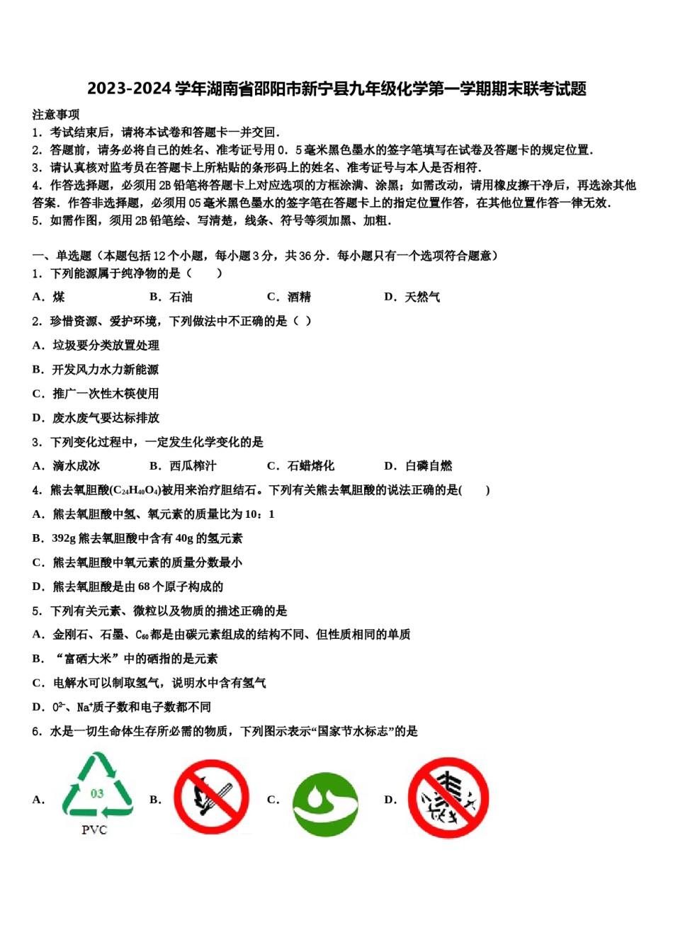 2023-2024学年湖南省邵阳市新宁县九年级化学第一学期期末联考试题含解析.doc_第1页