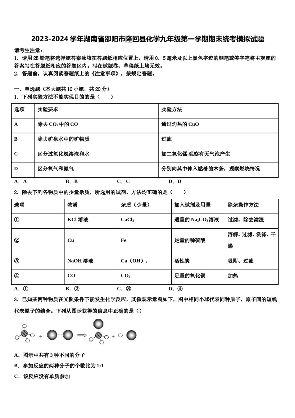 2023-2024学年湖南省邵阳市隆回县化学九年级第一学期期末统考模拟试题含解析.doc_第1页