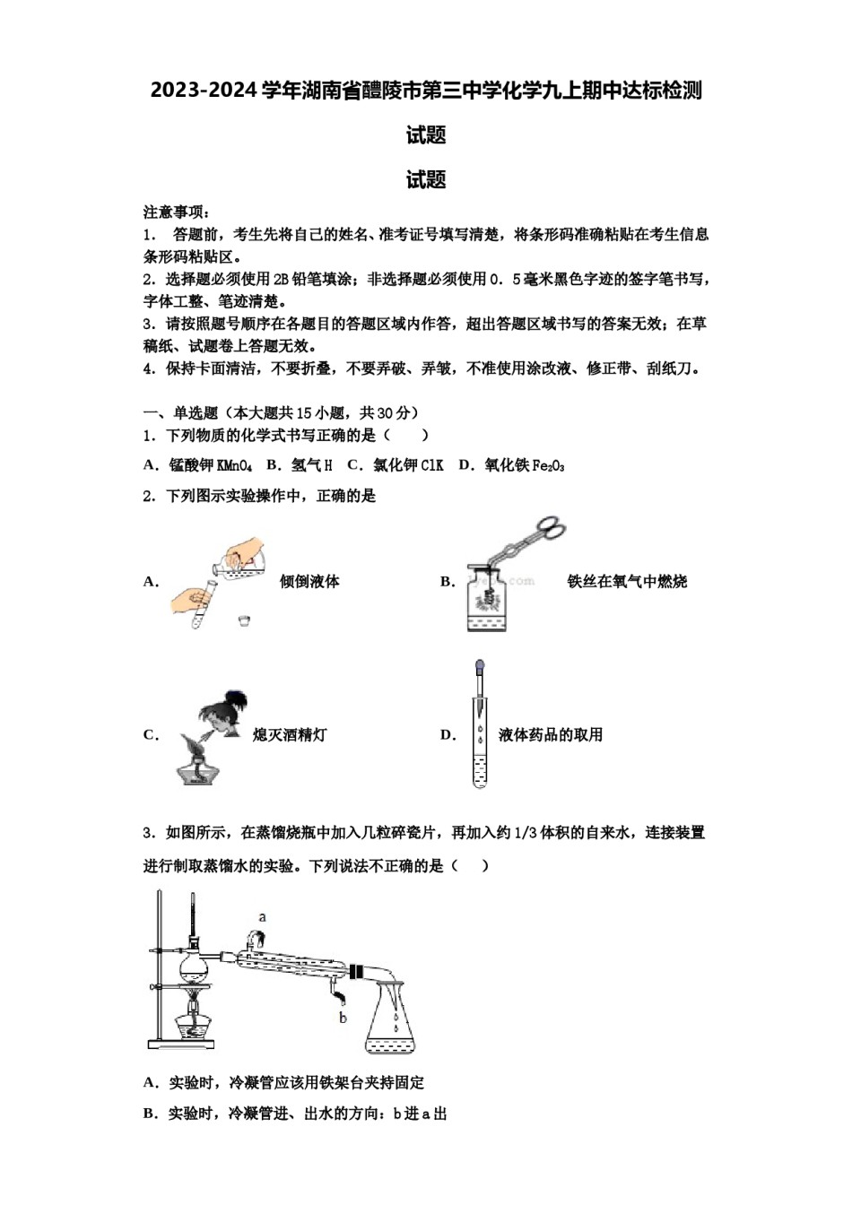 2023-2024学年湖南省醴陵市第三中学化学九上期中达标检测试题含解析.doc_第1页