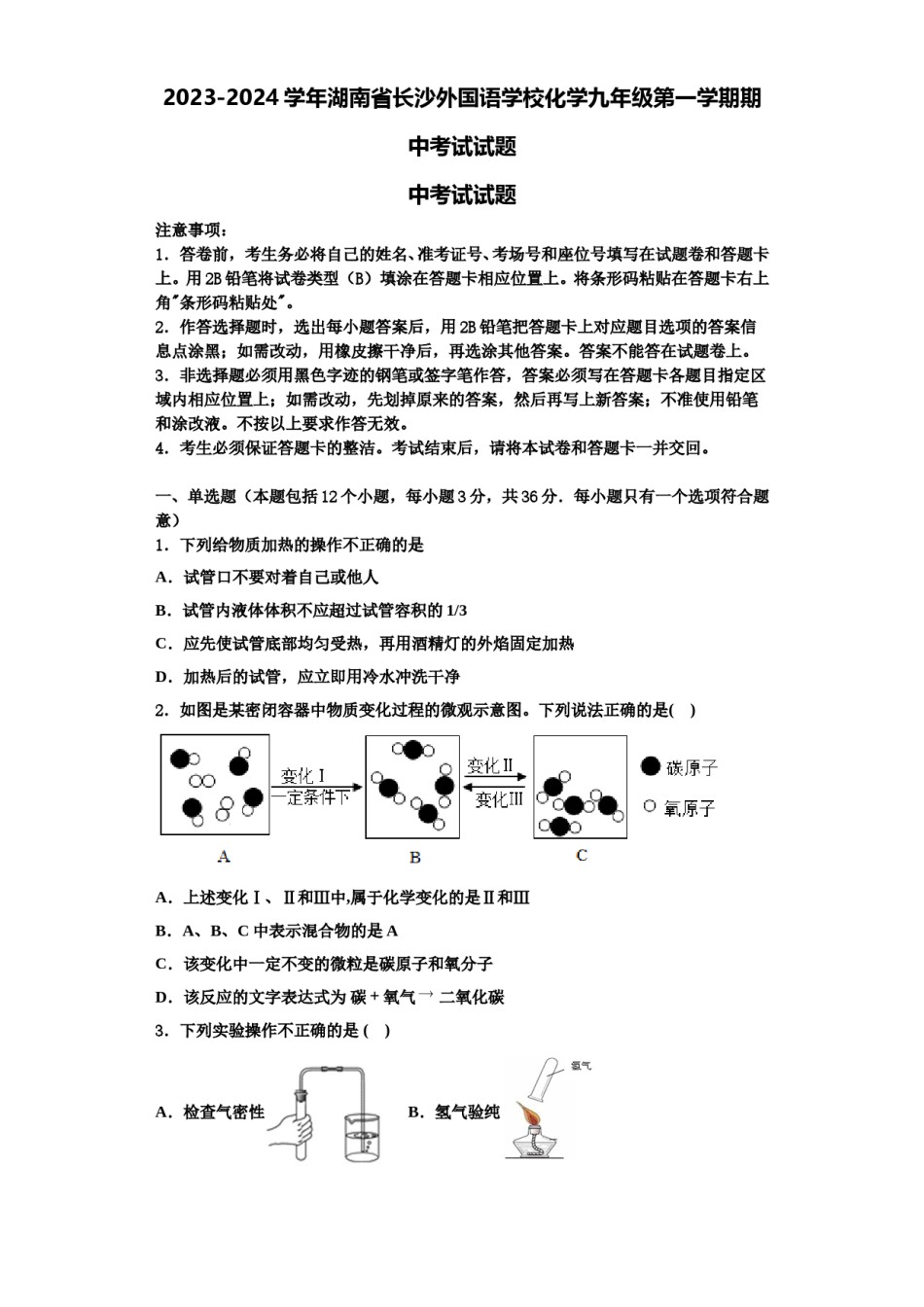 2023-2024学年湖南省长沙外国语学校化学九年级第一学期期中考试试题含解析.doc_第1页