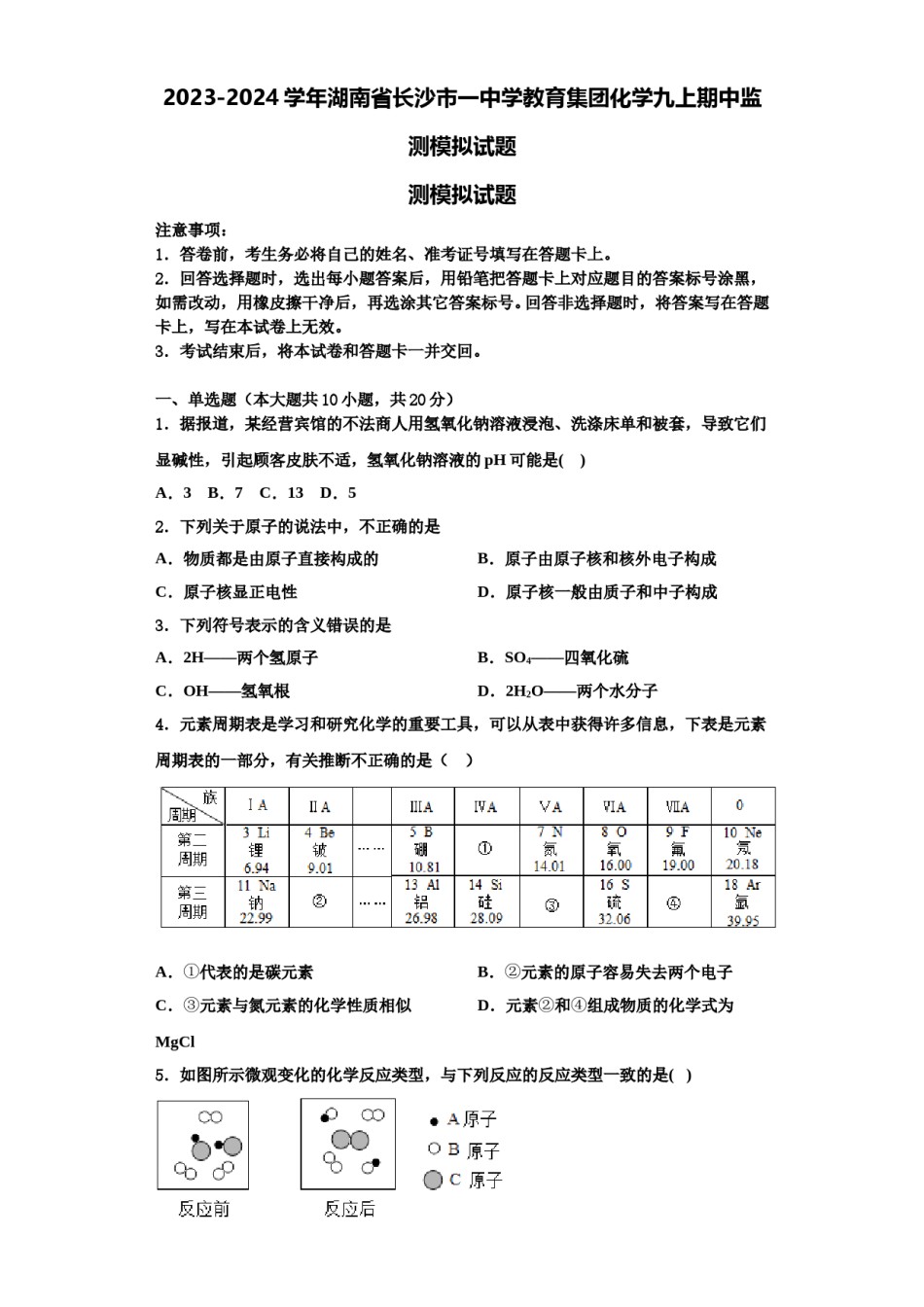 2023-2024学年湖南省长沙市一中学教育集团化学九上期中监测模拟试题含解析.doc_第1页