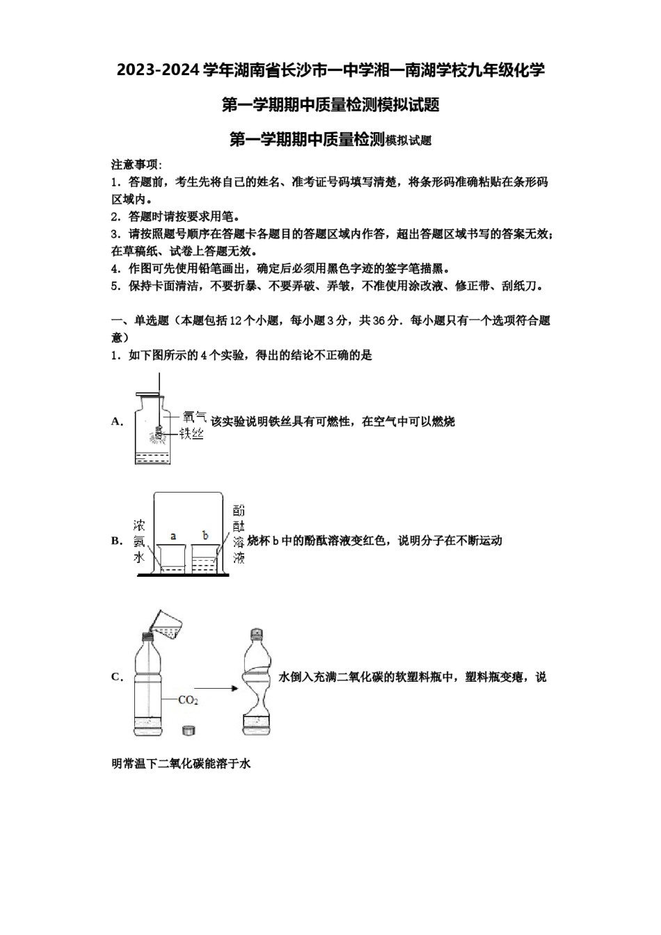 2023-2024学年湖南省长沙市一中学湘一南湖学校九年级化学第一学期期中质量检测模拟试题含解析.doc_第1页