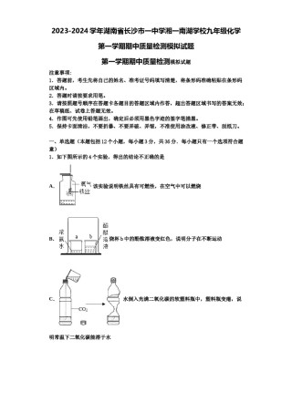 2023-2024学年湖南省长沙市一中学湘一南湖学校九年级化学第一学期期中质量检测模拟试题含解析.doc