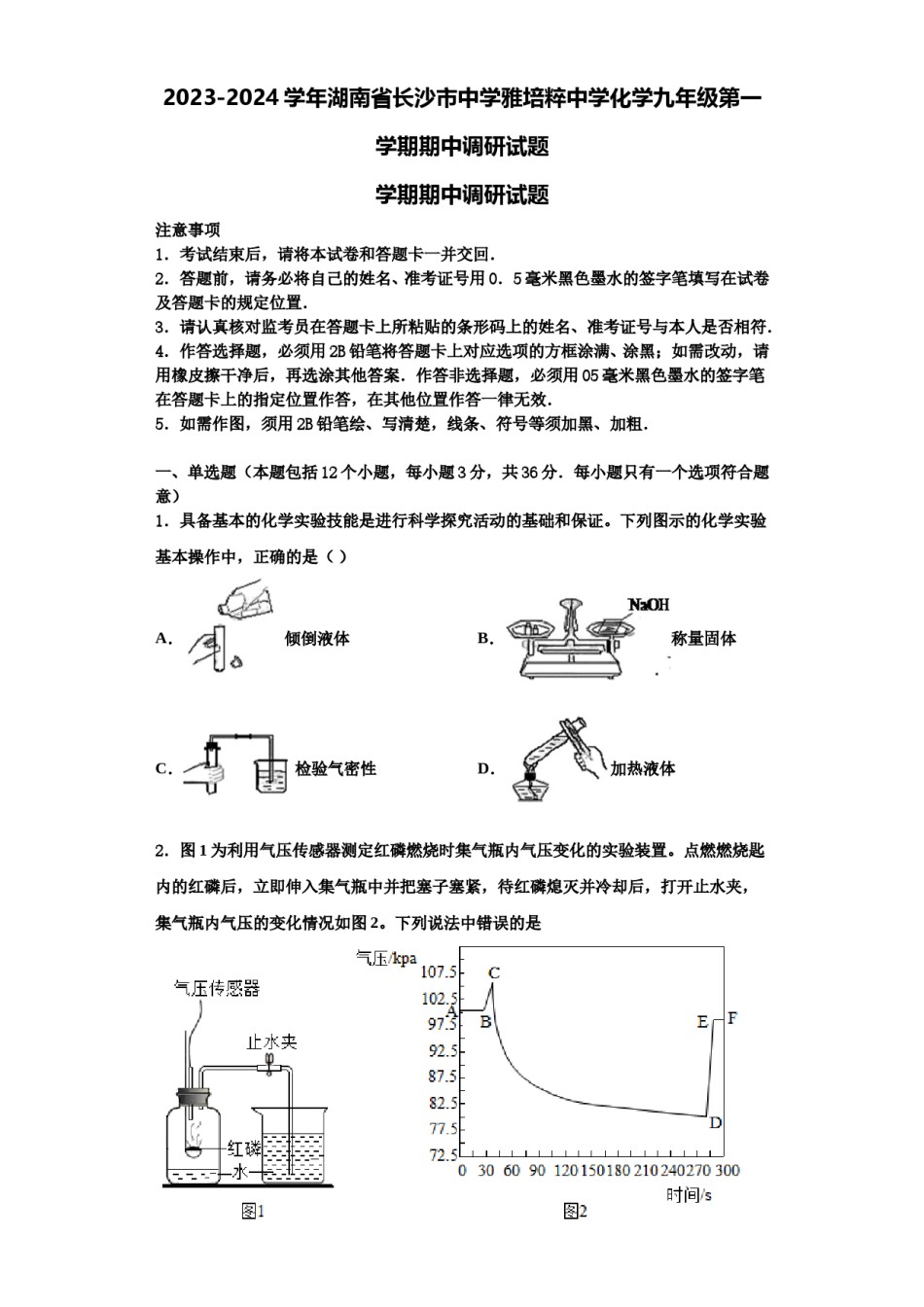 2023-2024学年湖南省长沙市中学雅培粹中学化学九年级第一学期期中调研试题含解析.doc_第1页