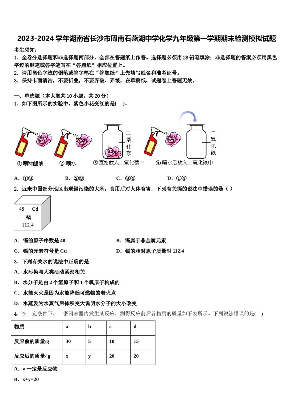 2023-2024学年湖南省长沙市周南石燕湖中学化学九年级第一学期期末检测模拟试题含解析.doc_第1页