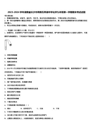 2023-2024学年湖南省长沙市周南石燕湖中学化学九年级第一学期期末考试试题含解析.doc