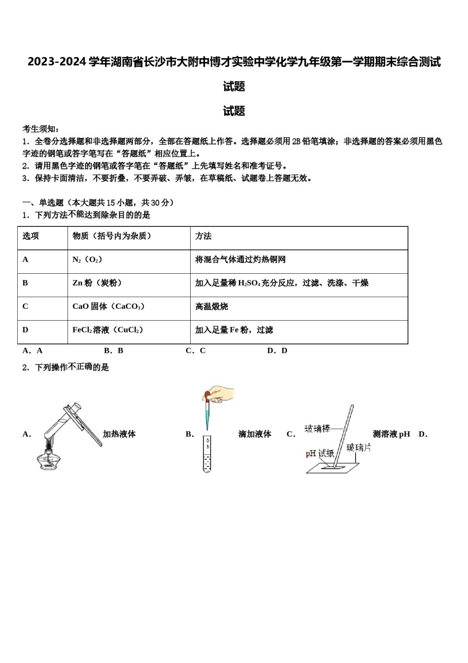2023-2024学年湖南省长沙市大附中博才实验中学化学九年级第一学期期末综合测试试题含解析.doc_第1页