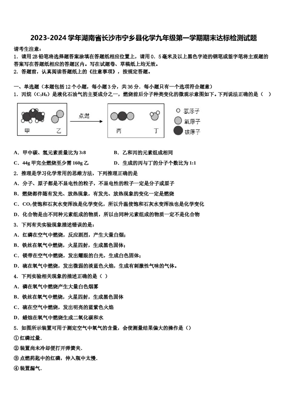 2023-2024学年湖南省长沙市宁乡县化学九年级第一学期期末达标检测试题含解析.doc_第1页