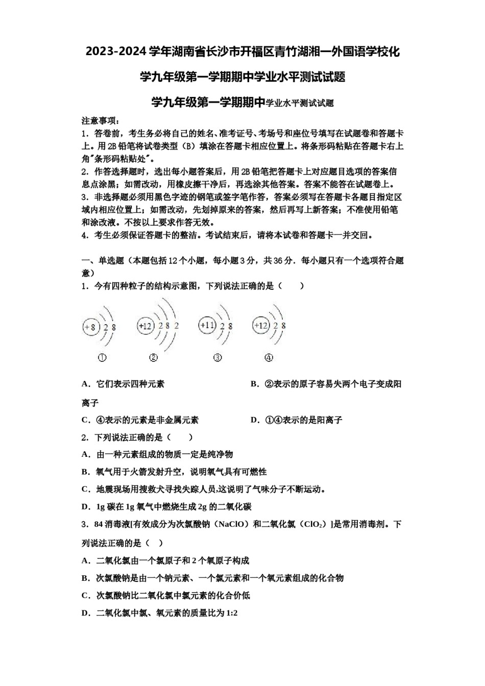 2023-2024学年湖南省长沙市开福区青竹湖湘一外国语学校化学九年级第一学期期中学业水平测试试题含解析.doc_第1页