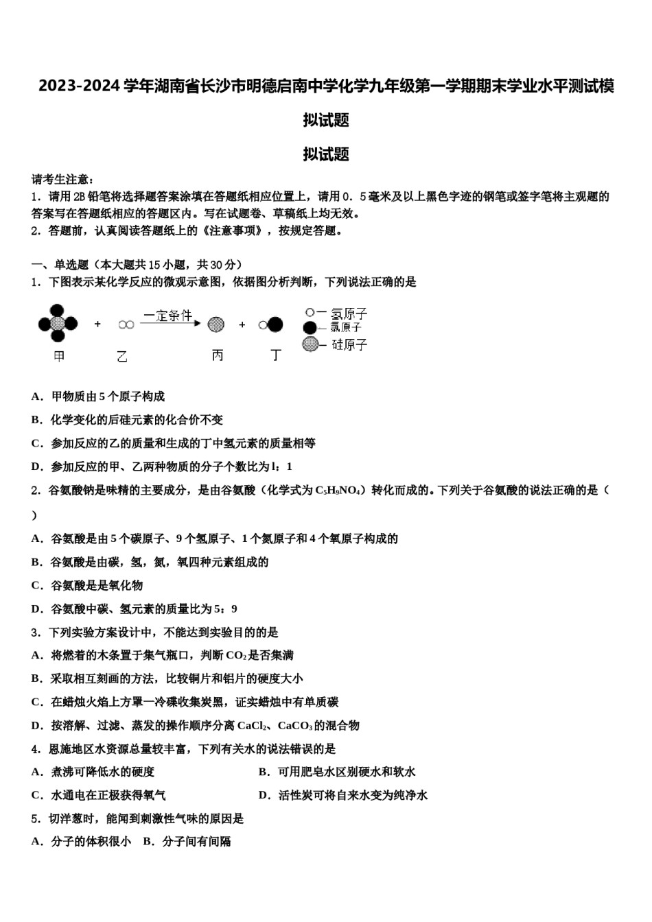 2023-2024学年湖南省长沙市明德启南中学化学九年级第一学期期末学业水平测试模拟试题含解析.doc_第1页