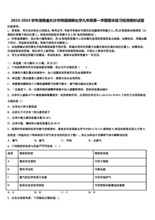 2023-2024学年湖南省长沙市明德旗舰化学九年级第一学期期末复习检测模拟试题含解析.doc