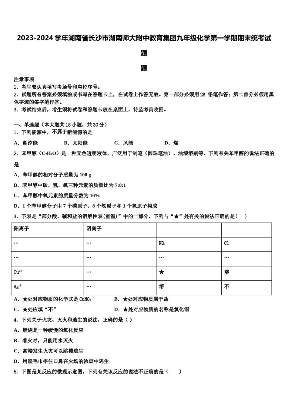 2023-2024学年湖南省长沙市湖南师大附中教育集团九年级化学第一学期期末统考试题含解析.doc_第1页