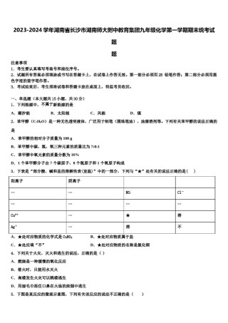 2023-2024学年湖南省长沙市湖南师大附中教育集团九年级化学第一学期期末统考试题含解析.doc