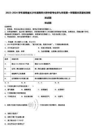 2023-2024学年湖南省长沙市湖南师大附中联考化学九年级第一学期期末质量检测模拟试题含解析.doc