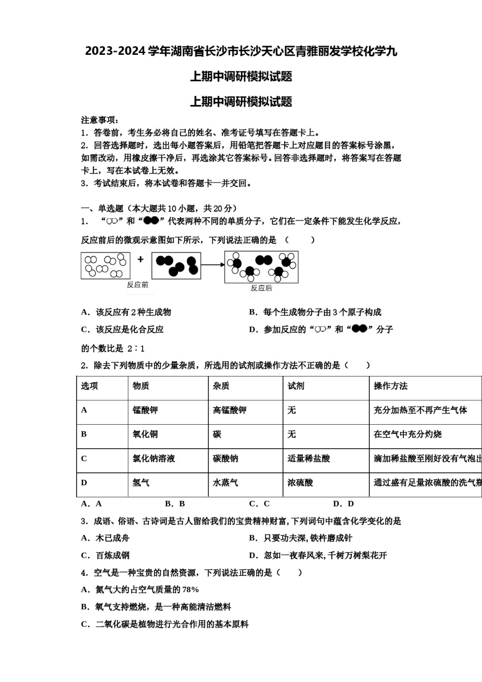 2023-2024学年湖南省长沙市长沙天心区青雅丽发学校化学九上期中调研模拟试题含解析.doc_第1页