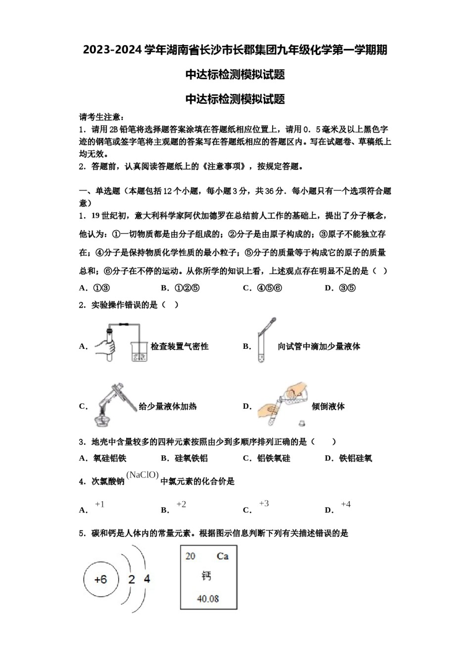 2023-2024学年湖南省长沙市长郡集团九年级化学第一学期期中达标检测模拟试题含解析.doc_第1页