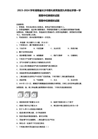 2023-2024学年湖南省长沙市雅礼教育集团九年级化学第一学期期中经典模拟试题含解析.doc