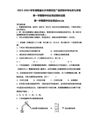 2023-2024学年湖南省长沙市雨花区广益实验中学化学九年级第一学期期中综合测试模拟试题含解析.doc