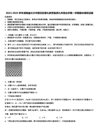 2023-2024学年湖南省长沙市雨花区雅礼教育集团九年级化学第一学期期末调研试题含解析.doc