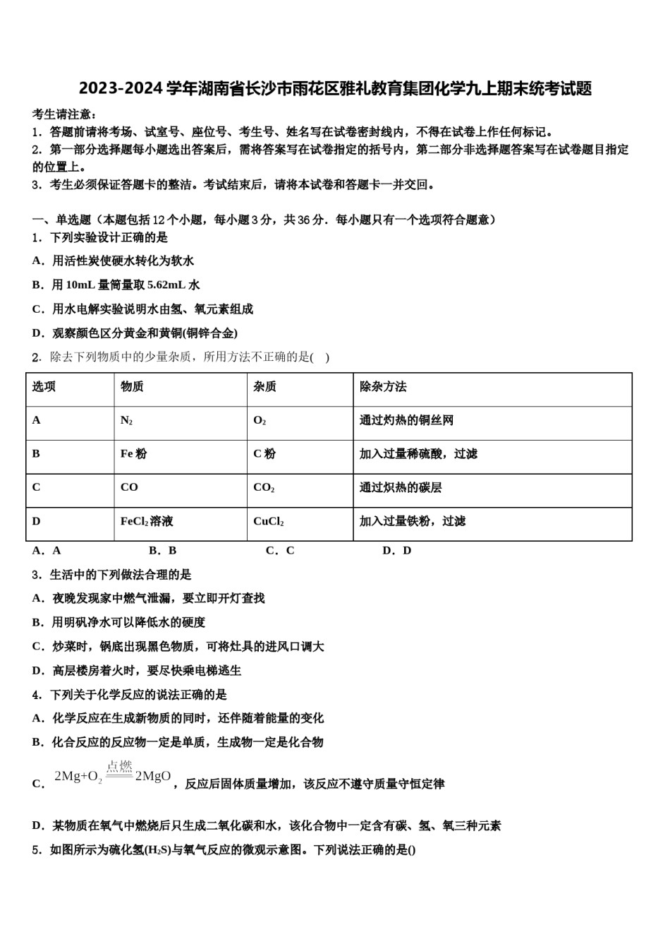 2023-2024学年湖南省长沙市雨花区雅礼教育集团化学九上期末统考试题含解析.doc_第1页