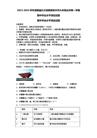 2023-2024学年湖南省长沙青雅丽发中学九年级化学第一学期期中学业水平测试试题含解析.doc