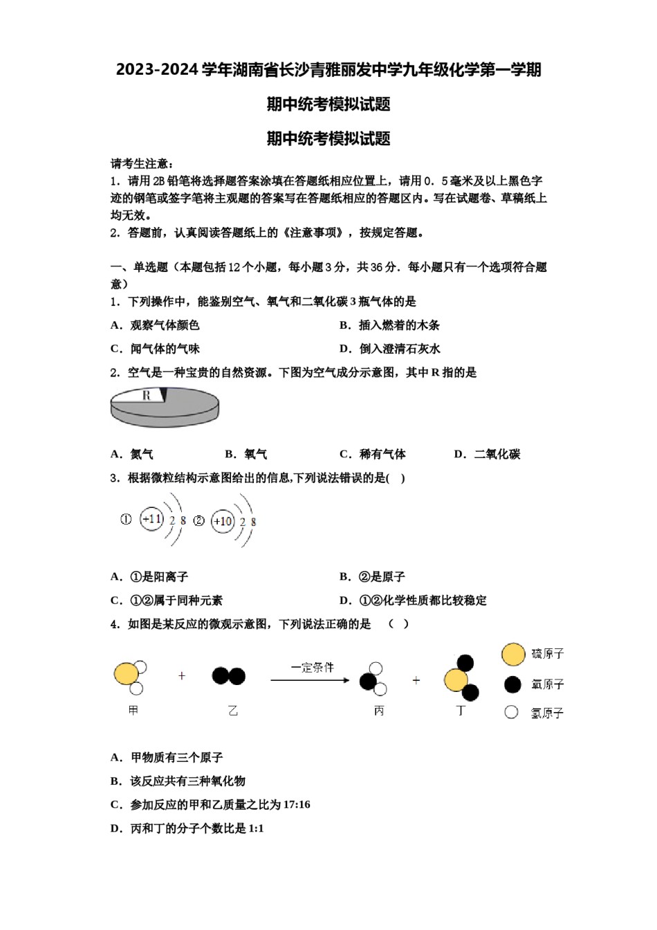 2023-2024学年湖南省长沙青雅丽发中学九年级化学第一学期期中统考模拟试题含解析.doc_第1页
