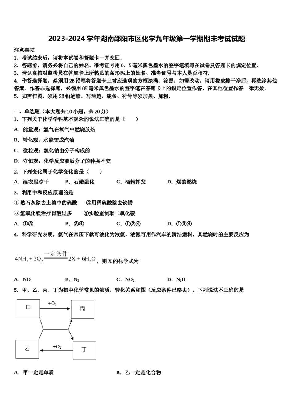 2023-2024学年湖南邵阳市区化学九年级第一学期期末考试试题含解析.doc_第1页