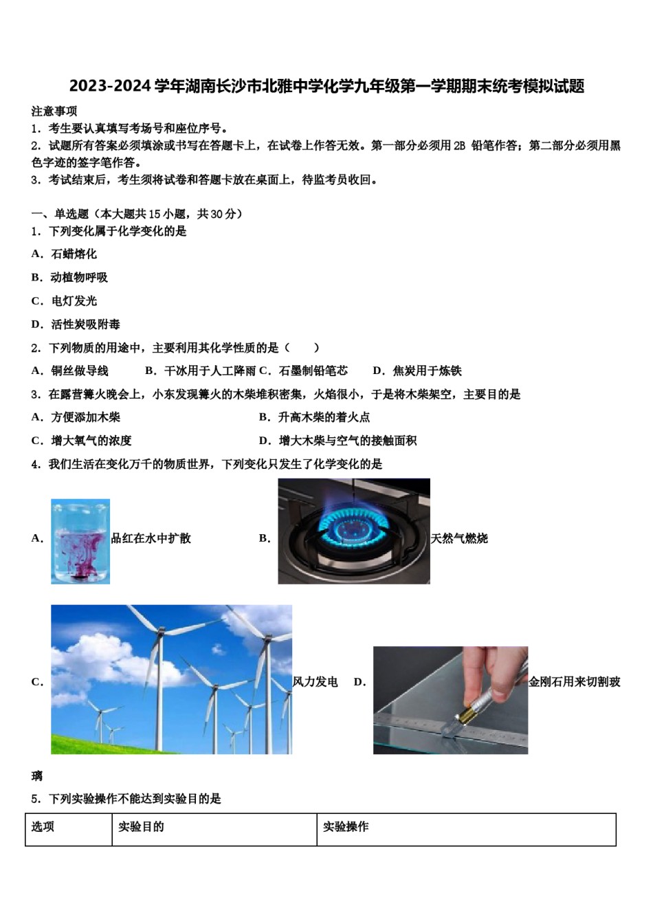 2023-2024学年湖南长沙市北雅中学化学九年级第一学期期末统考模拟试题含解析.doc_第1页