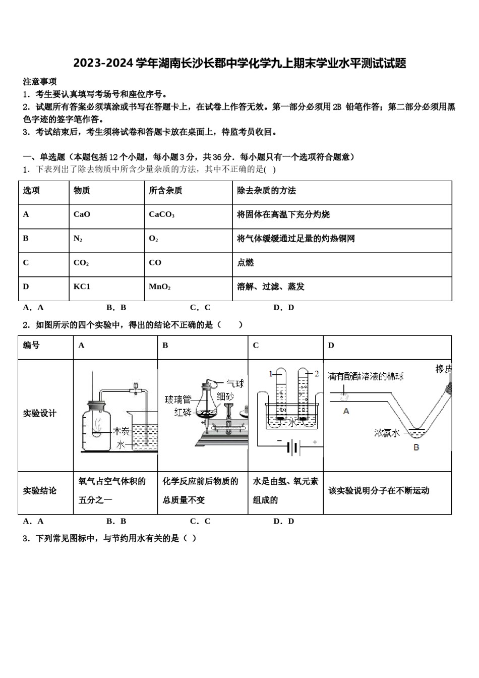2023-2024学年湖南长沙长郡中学化学九上期末学业水平测试试题含解析.doc_第1页