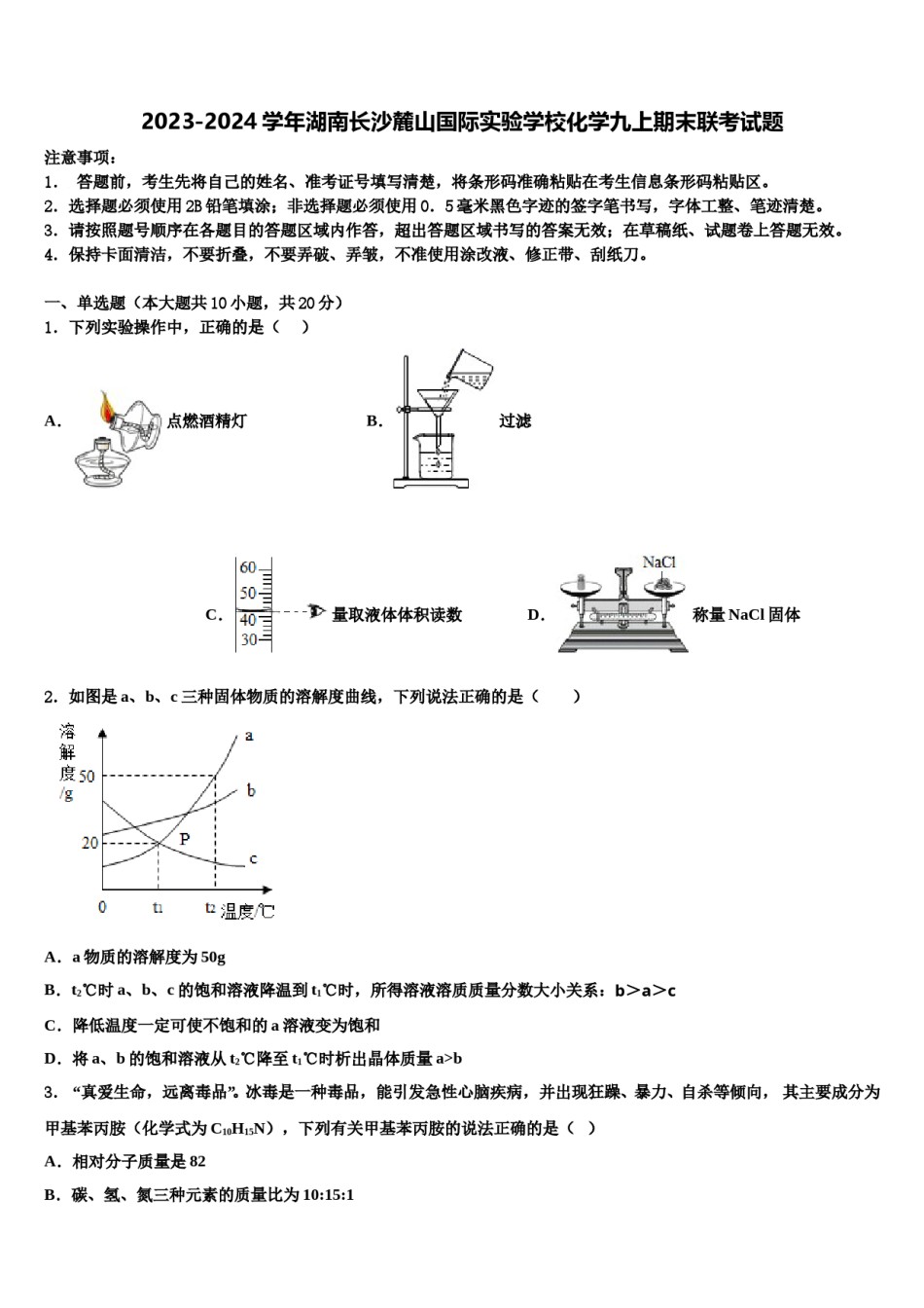 2023-2024学年湖南长沙麓山国际实验学校化学九上期末联考试题含解析.doc_第1页