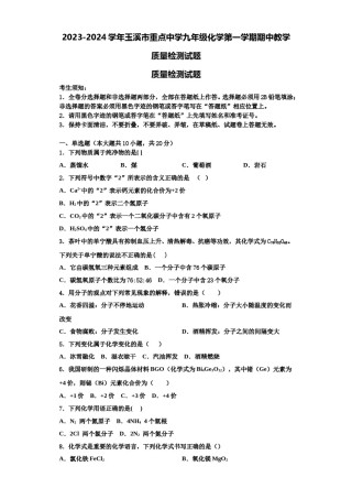 2023-2024学年玉溪市重点中学九年级化学第一学期期中教学质量检测试题含解析.doc