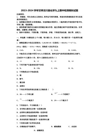 2023-2024学年甘肃泾川县化学九上期中检测模拟试题含解析.doc