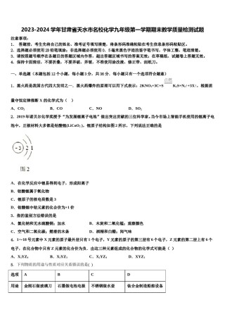 2023-2024学年甘肃省天水市名校化学九年级第一学期期末教学质量检测试题含解析.doc