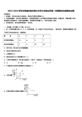 2023-2024学年甘肃省庆阳市第九中学九年级化学第一学期期末经典模拟试题含解析.doc
