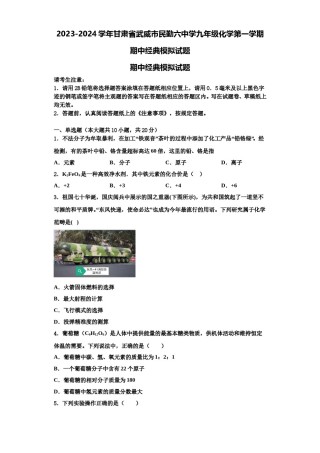 2023-2024学年甘肃省武威市民勤六中学九年级化学第一学期期中经典模拟试题含解析.doc