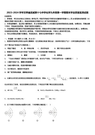 2023-2024学年甘肃省武威第十七中学化学九年级第一学期期末学业质量监测试题含解析.doc