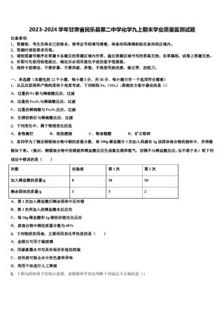 2023-2024学年甘肃省民乐县第二中学化学九上期末学业质量监测试题含解析.doc