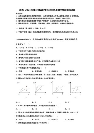 2023-2024学年甘肃省白银市化学九上期中经典模拟试题含解析.doc