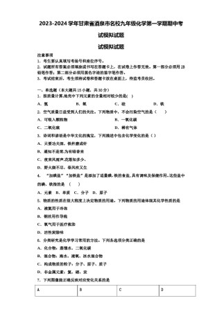 2023-2024学年甘肃省酒泉市名校九年级化学第一学期期中考试模拟试题含解析.doc