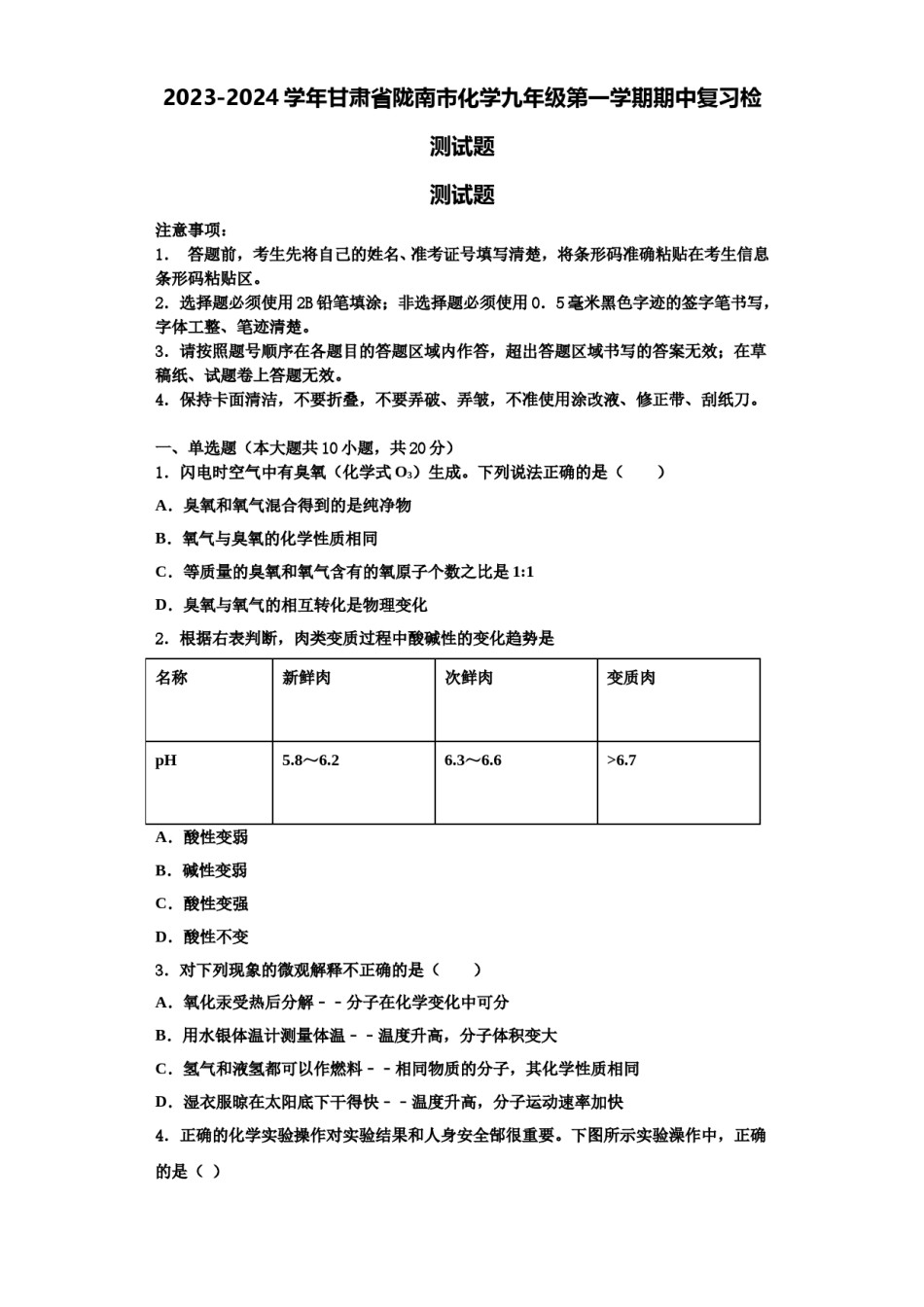 2023-2024学年甘肃省陇南市化学九年级第一学期期中复习检测试题含解析.doc_第1页