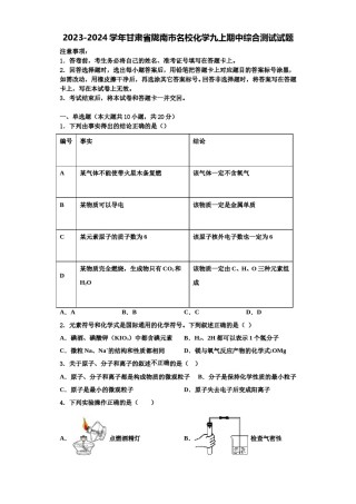 2023-2024学年甘肃省陇南市名校化学九上期中综合测试试题含解析.doc