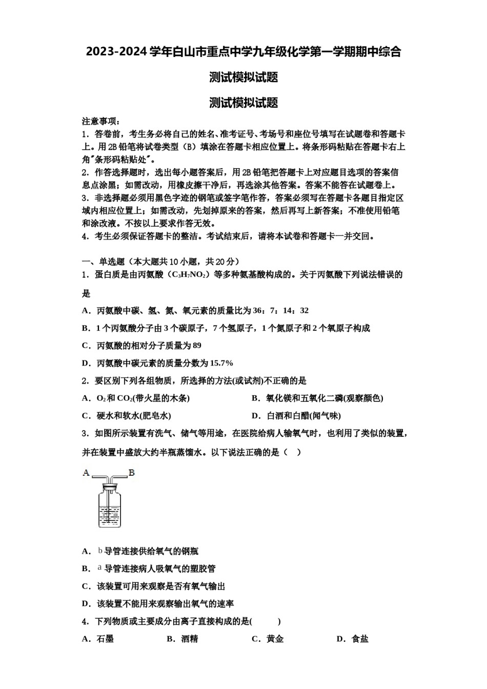 2023-2024学年白山市重点中学九年级化学第一学期期中综合测试模拟试题含解析.doc_第1页