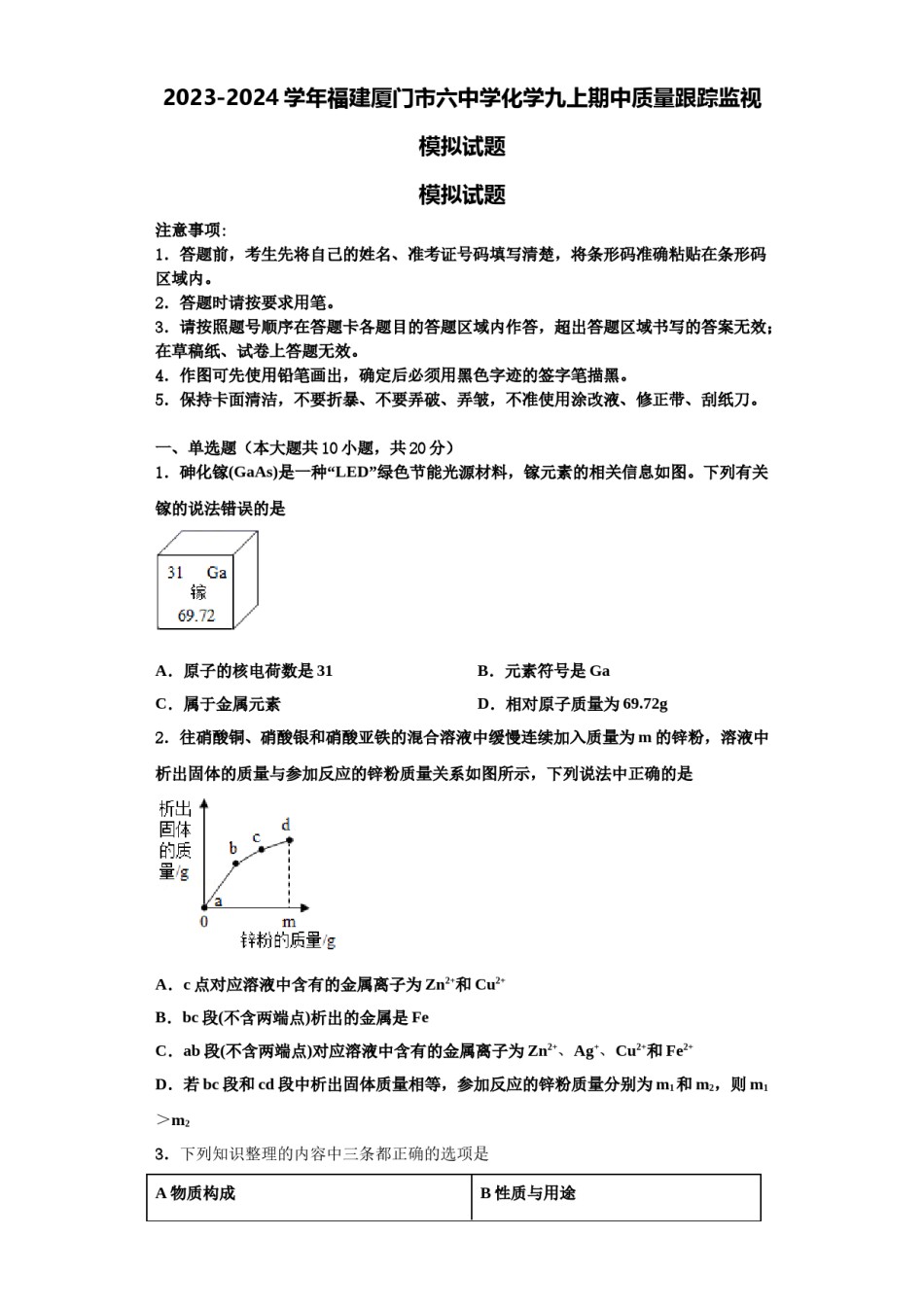 2023-2024学年福建厦门市六中学化学九上期中质量跟踪监视模拟试题含解析.doc_第1页