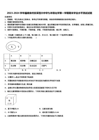 2023-2024学年福建泉州安溪恒兴中学九年级化学第一学期期末学业水平测试试题含解析.doc