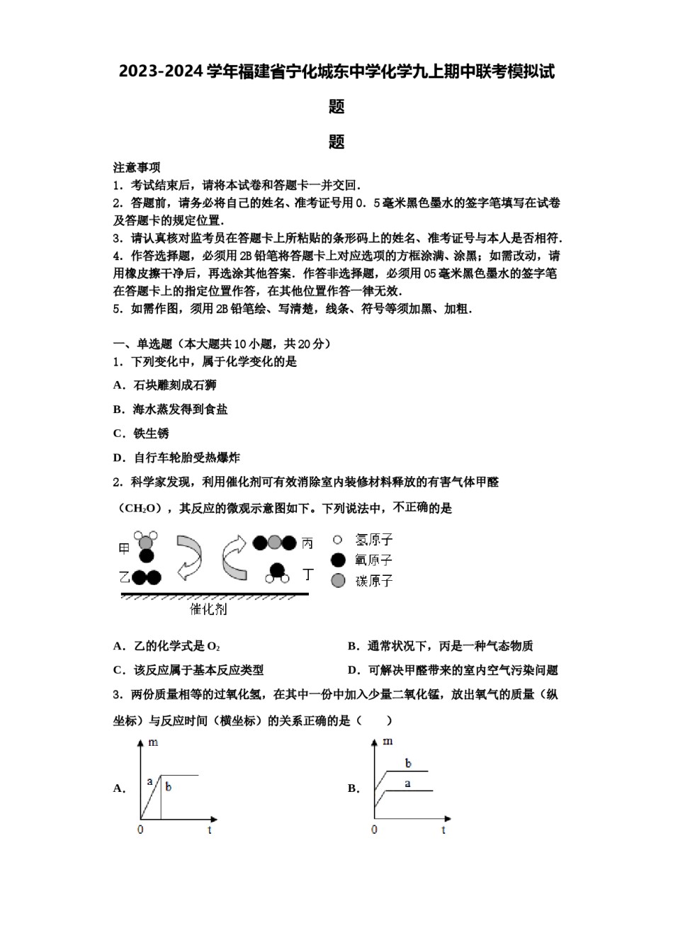 2023-2024学年福建省宁化城东中学化学九上期中联考模拟试题含解析.doc_第1页